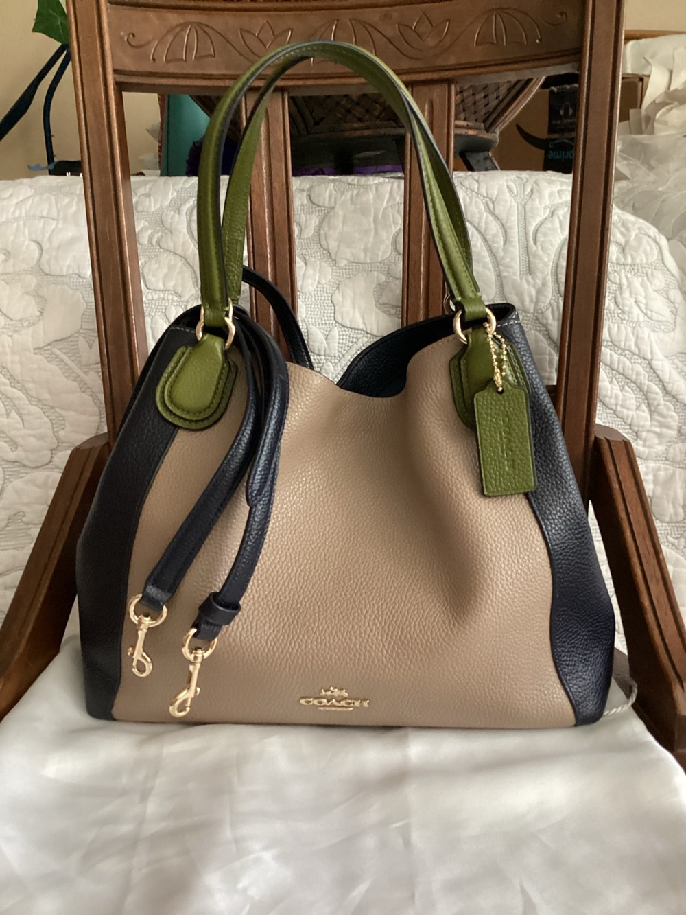 Coach Pebble Leather Colorblock Tote - Beige, Navy & Green